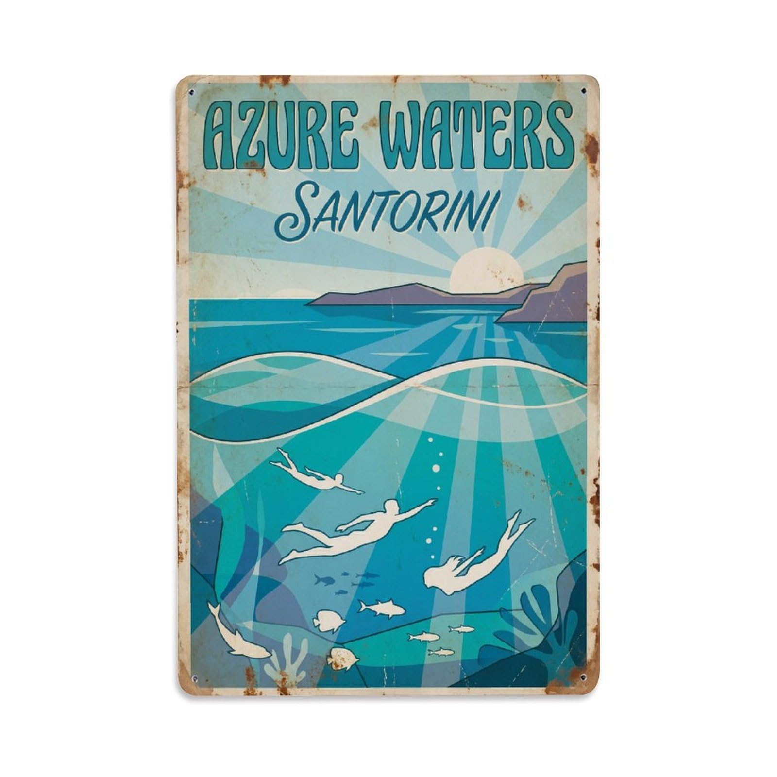 Gead 8X12inch Style Vintage Travel Santorini Azure Waters Metal Tin Sign