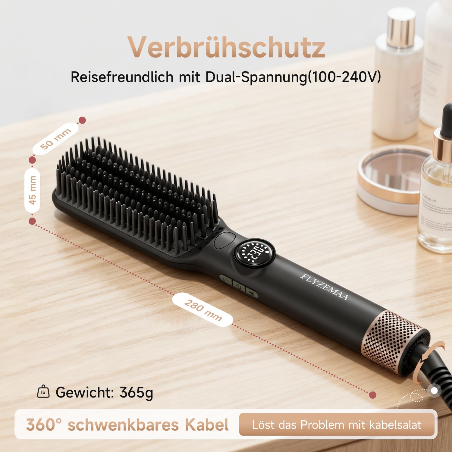 2-in-1-Glättbürste, FLYZEMAA 30s Schneller Keramikerwärmung Schichtete, Verbrühungsschutz Glättungsbürste für Alle Haartypen der Haarglätter bürste, 7 Temperatureinstellungen, LCD-Display, Schwarz