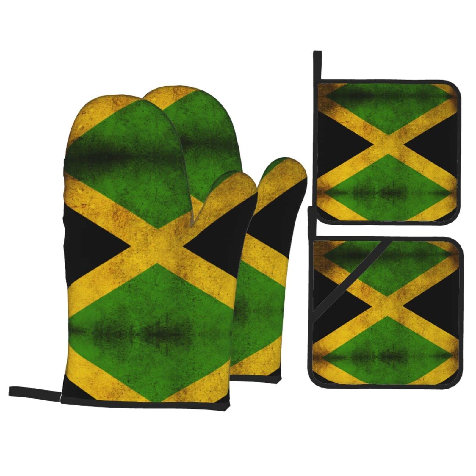 Old Jamaican Flag Kitchen Baking Four Piece Set Of Pot Holder Oven Gloves For Barbecue Cooking And Baking