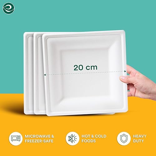 Miniatura 3 de ECO SOUL Platos de papel cuadrados blanco perla de 8 pulgadas (paquete de 100 unidades)  Bagazo desechable 100% compostable I Platos de cena