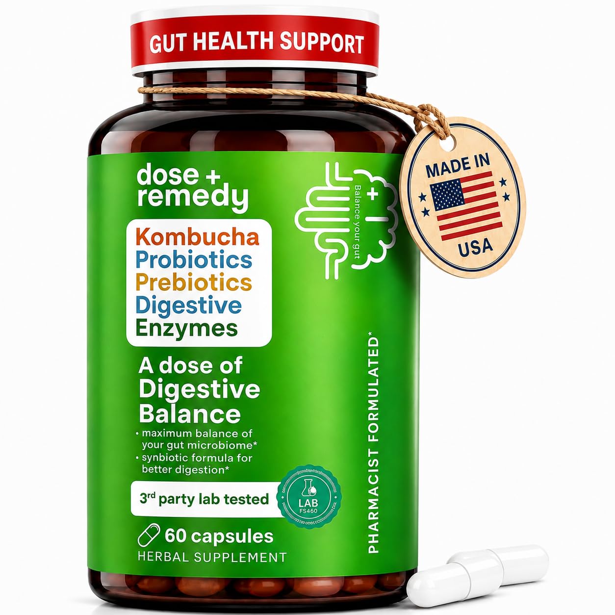 Dose of Digestive Balance Kombucha Probiotic Capsules for Bloating, 60ct 60 Count (Pack of 1)