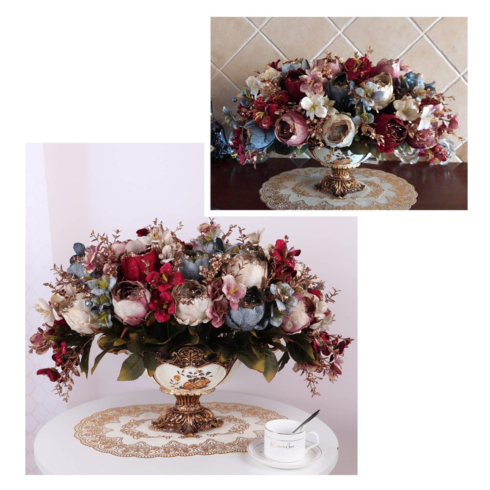 Sztuczne kwiaty Sztuczne kwiaty w wazonie - imitacja bukietów piwonii z wazonem z żywicy, realistyczne sztuczne flanelowe jedwabne kwiaty Fałszywa piwonia Bonsai Ozdoby na środek stołu do domu/biura
