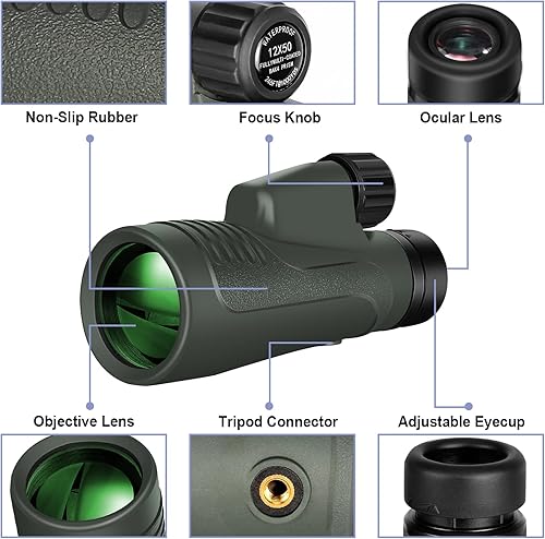 Miniatura 2 de Telescopio monocular con adaptador para teléfono inteligente-12 x 50 monoculares para adultos BAK-4 de alta potencia para observación de aves, caza,