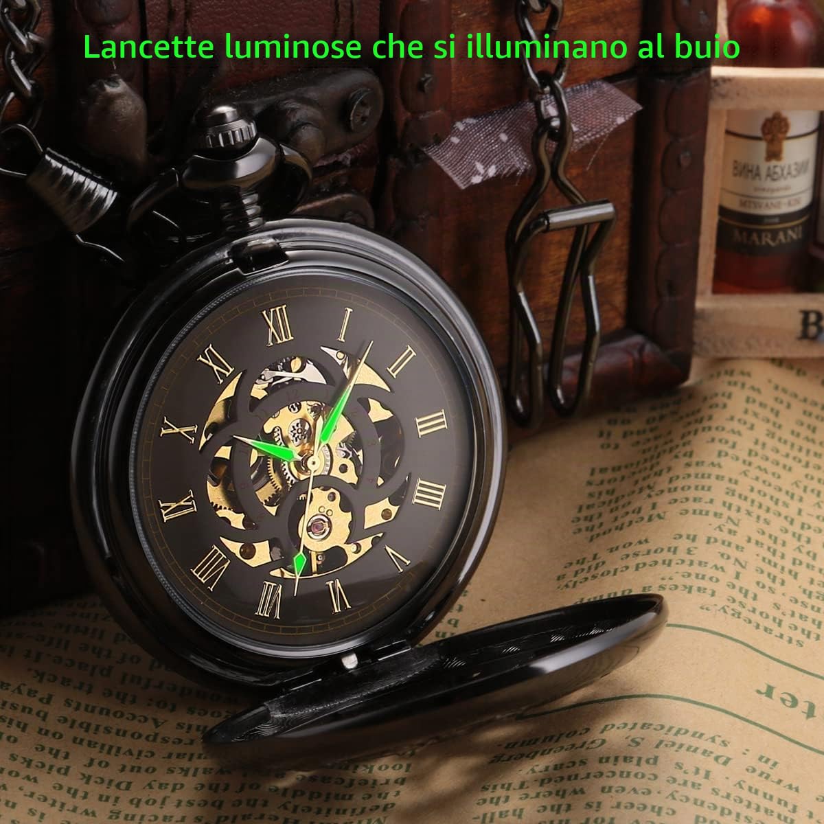ManChDa Orologio da tasca meccanico antico fortunato Dragon & Phoenix (migliori auguri) quadrante scheletro con catena per uomini e donne + cofanetto