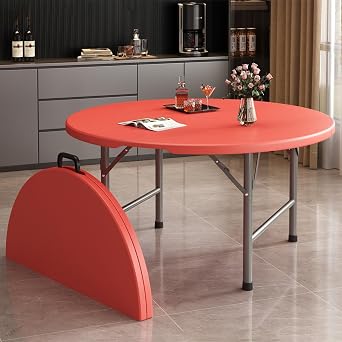 Round Bi-Folding Commercial Table, Portable Plastic Dining Card Table, Circular Round Foldable Desk with Built in Handle & Steel Legs, for Party, Dining, WeddingRed