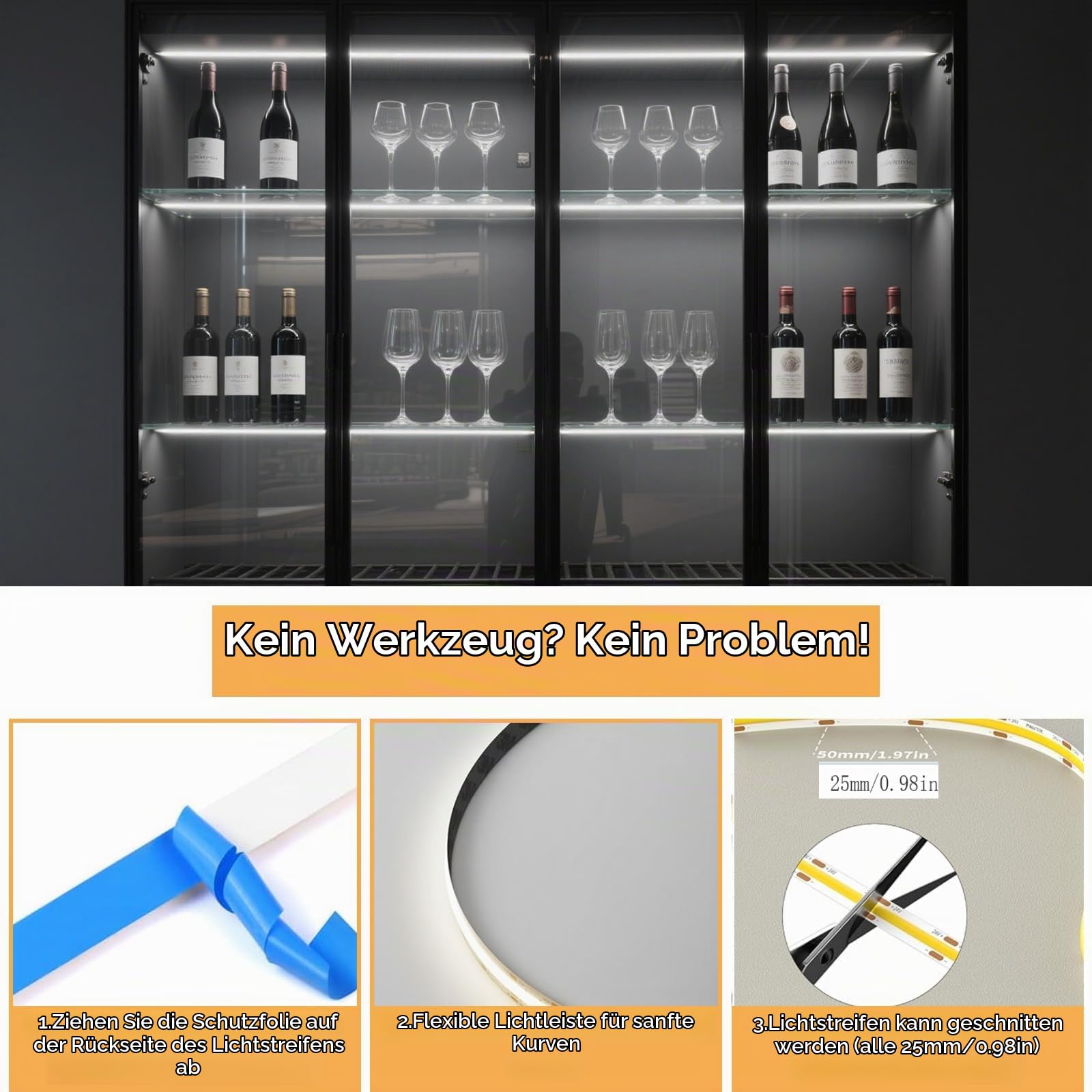 LRGBST 12V COB LED Streifen, 6 Rollen 2M weiße LED Streifen mit Berührung und Hand fegen Dimmer für Kleiderschrank, Küchen, Vitrinen, Regal, Regale, akustische Panel Beleuchtung