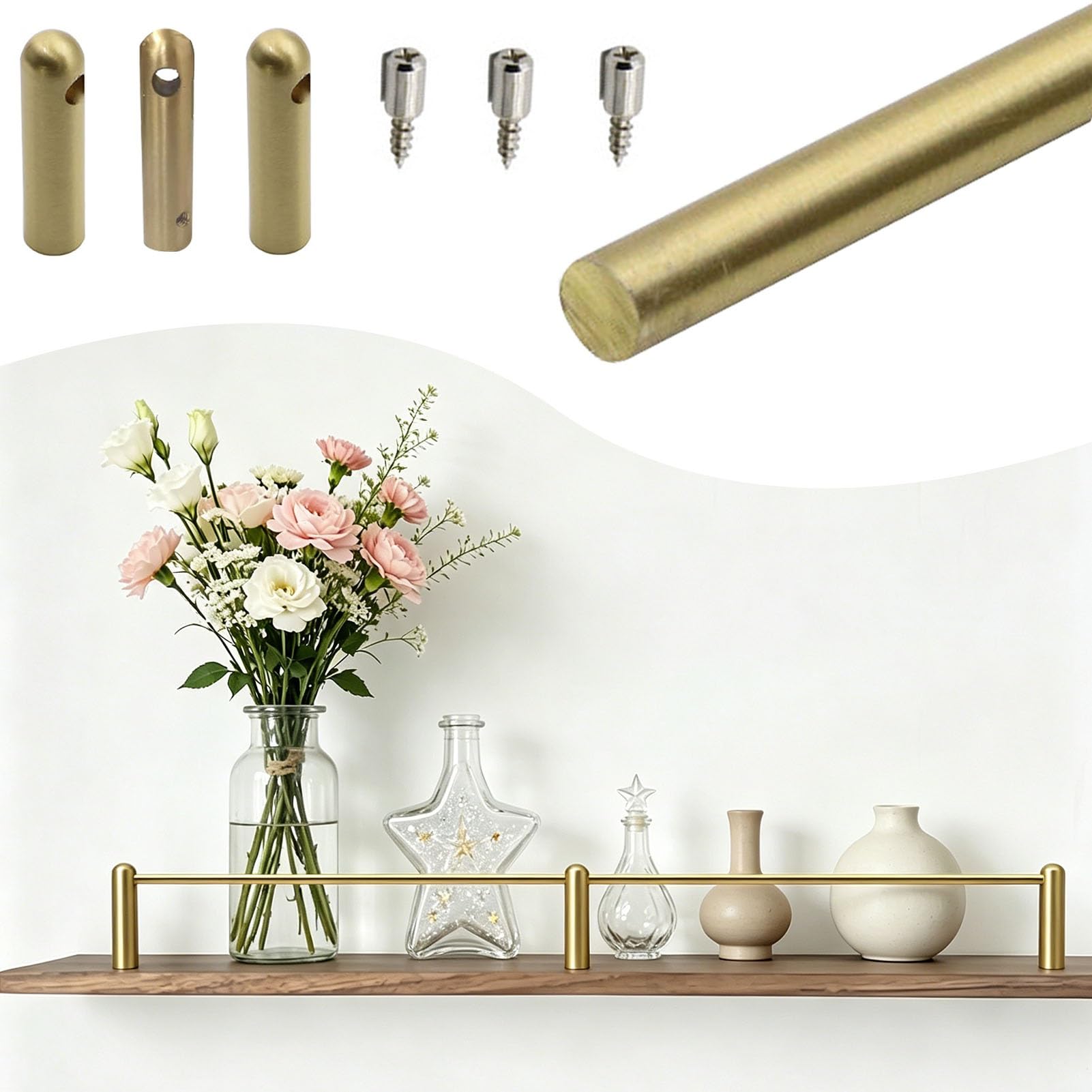 Dailify Brass Shelf Rail with 3 Posts & Screws, Decorative Gold Floating Shelving Guardrail 8 12 16 18 24 30 38 in, Custom Anti-fall Rail Bar for Shelves(Style B,40in/102cm)