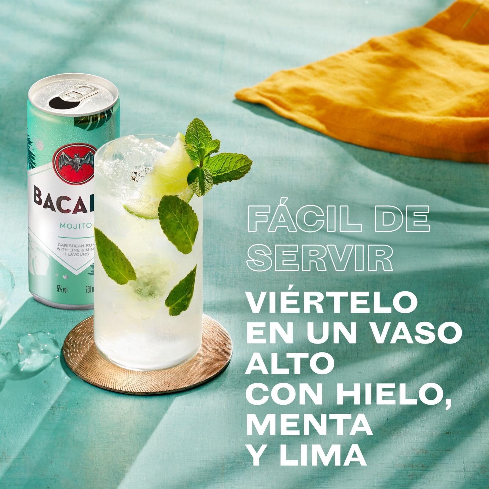BACARDÍ Mojito es un cóctel enlatado, ALC. 5%, 12 x 25 cl / 250 ml, listo para beber, elaborado con ron BACARDÍ Carta Blanca y mezclado con lima y hierbabuena