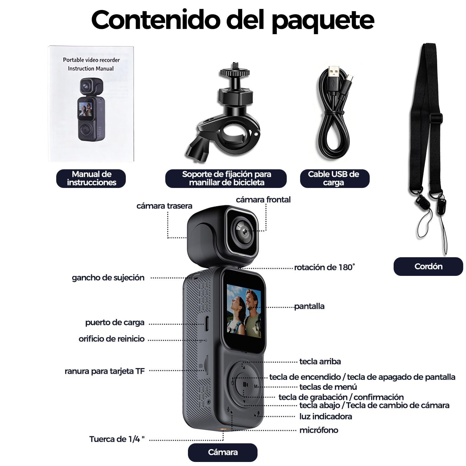 Zeerkeer Cámara de Acción Pequeña 4K Doble Lente para Bicicleta y Vlog | Batería 2000mAh, Lente Giratoria 180°, Pantalla 1.54", 130° FOV, POV Cámara Deportiva WiFi, Rosca Estándar 1/4"
