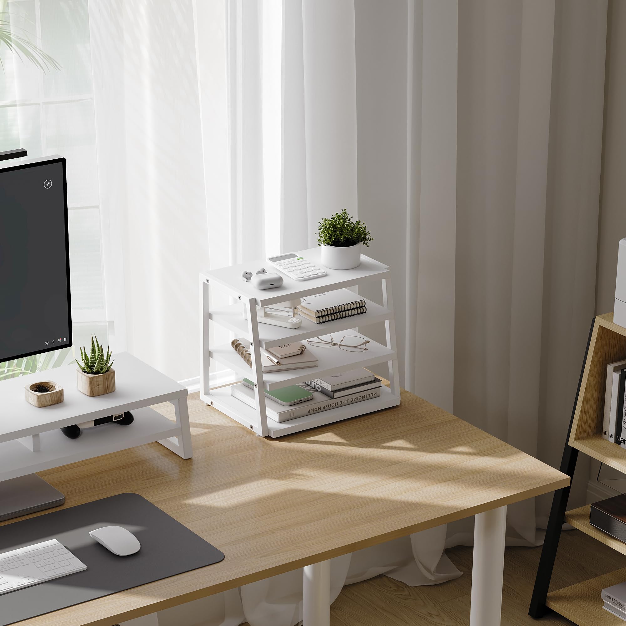 Fenge Organizer da Scrivania in Legno a 4 Livelli, Portadocumenti con Ripiani e Staffe in Metallo, Ideale per Documenti A4, Perfetto per Casa, Ufficio e Scuola, Bianco