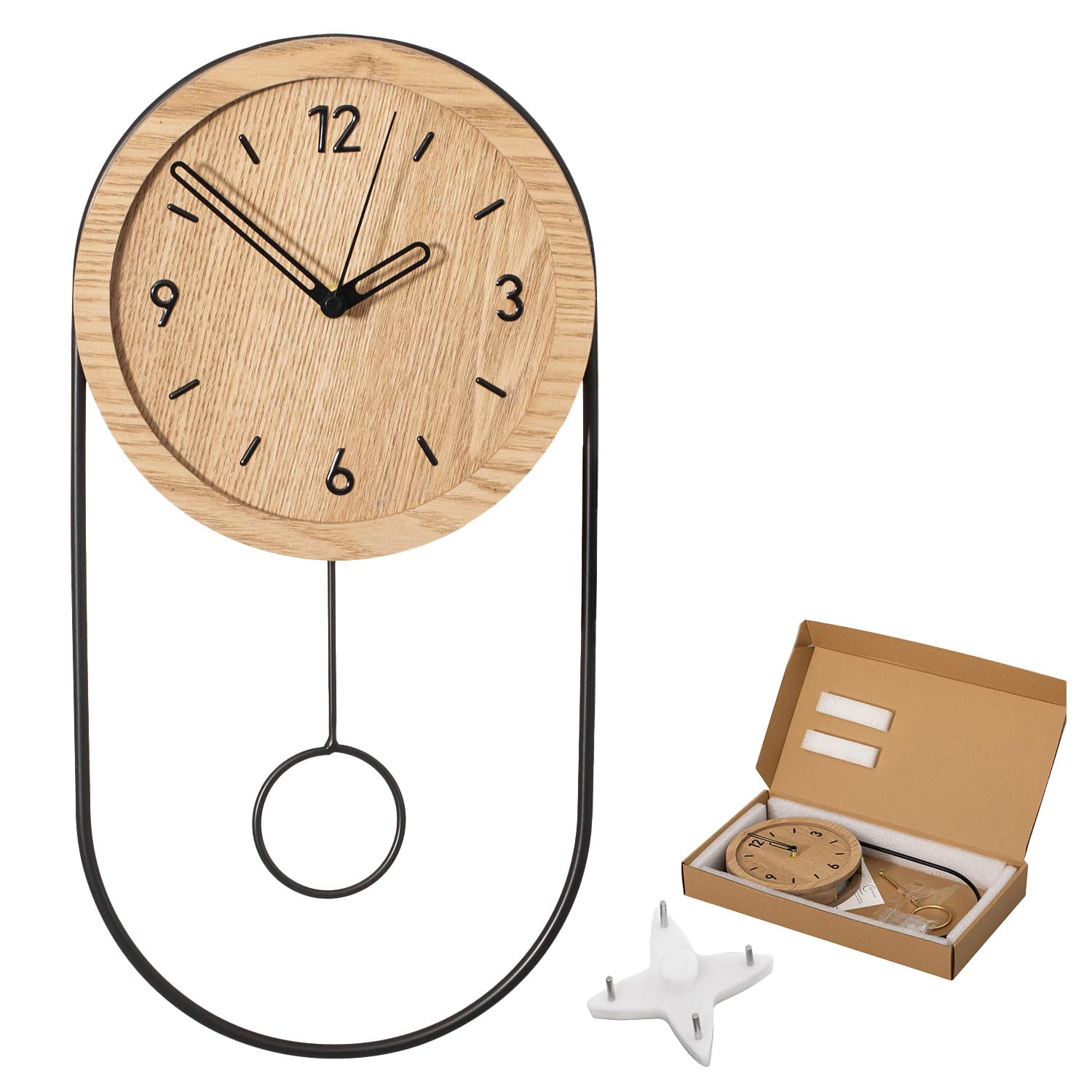 Clockswise 16-Inch Decorative Wall Clock Step Movement Mechanism Metal Frame Wooden Dial and Pendulum Design Battery-Operated Timepiece for Living Room Hallway or Office Décor, Natural Brown