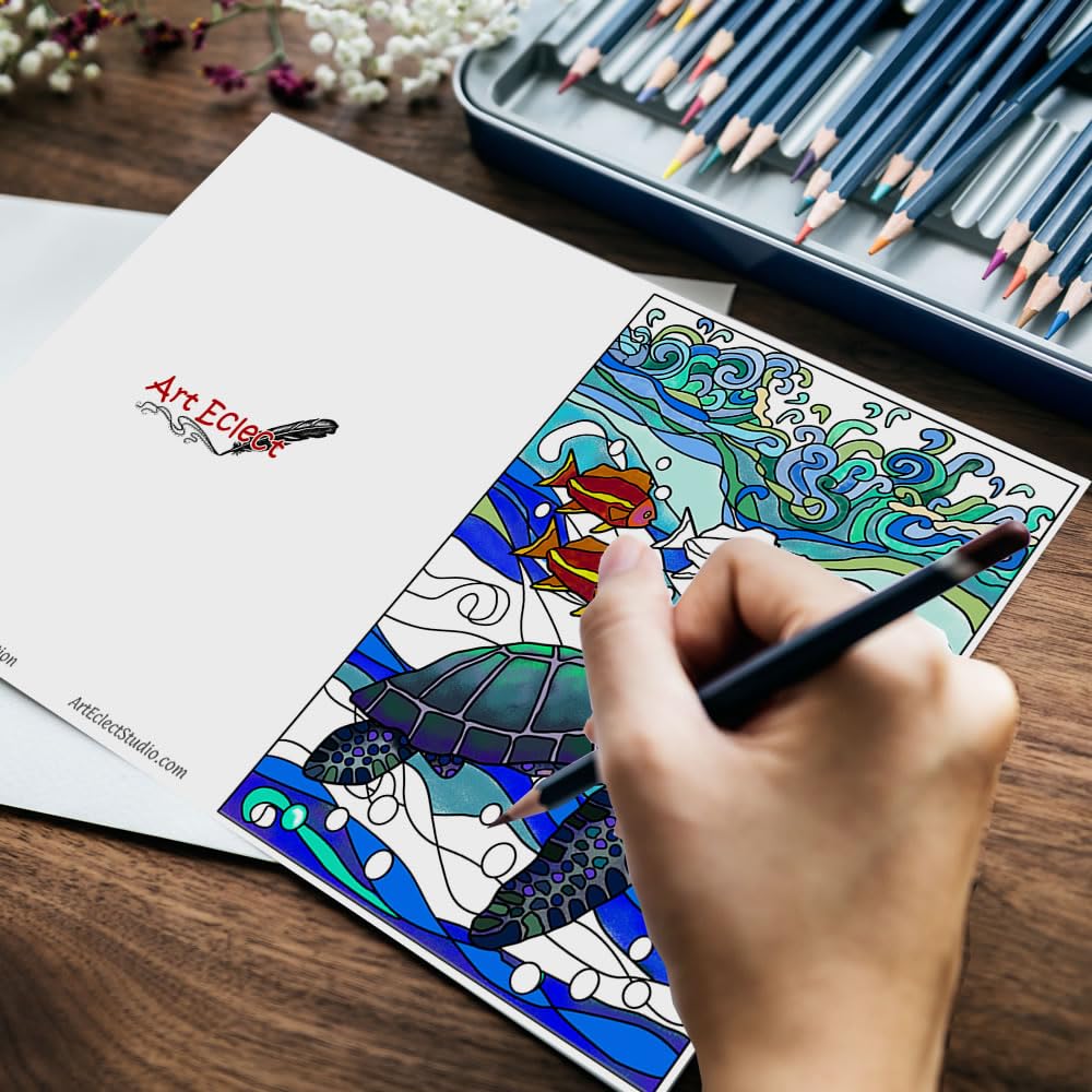 Art Eclect Kolorowanki ocean kartki okolicznościowe i podziękowania, wzory zwierząt morskich, 10 kart z niebieskimi kopertami w zestawie (plaża i morze/10)