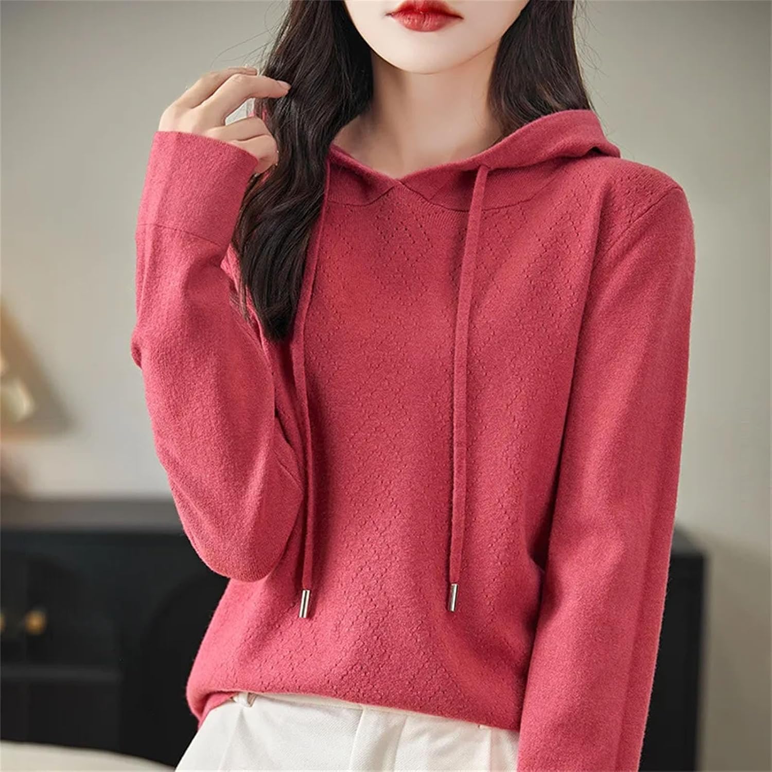 Women's Hooded Sweater Solid Color Hollow Pullover Casual Knitted Sweater
