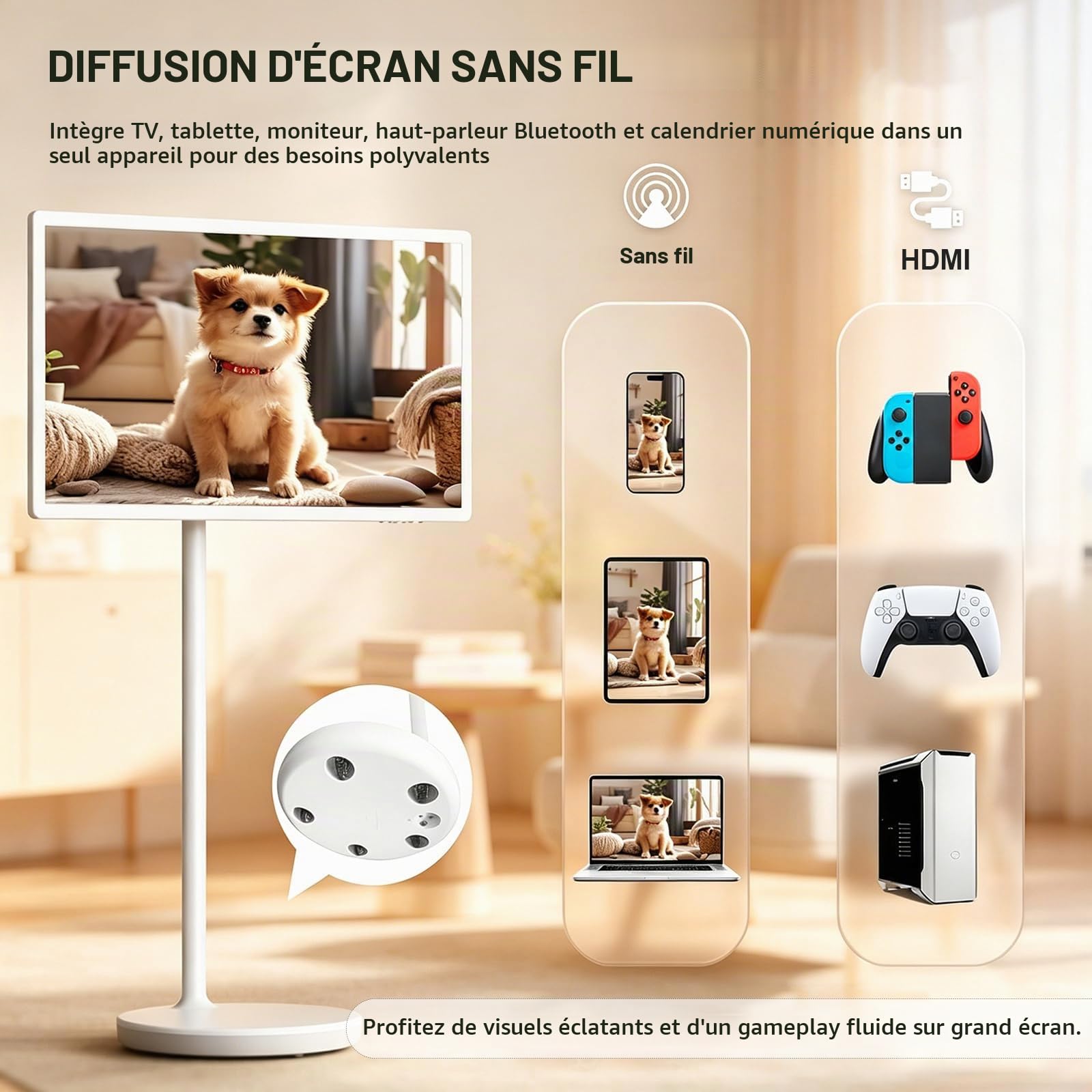 Téléviseur Intelligent Portable 21.5"/24"/27"/32", Support TV Mobile, Moniteur Tactile sur Pied, Moniteur Tactile 1080p sur roulettes, Rotation Complète 21.5in-8+128GB(1080P)