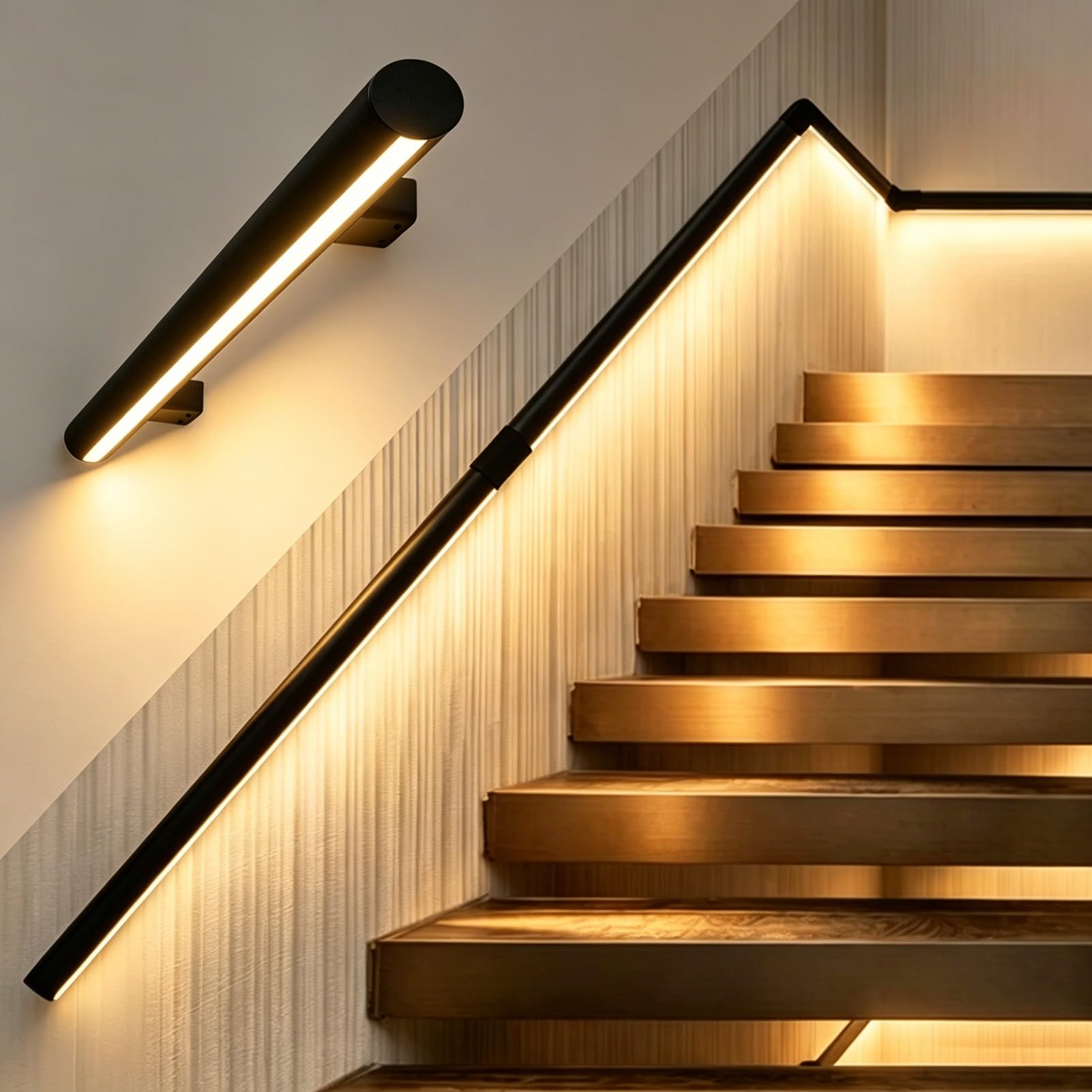 Motion Activated Illuminated Stair Handrail for Loft Porch, Heavy Duty LED Lighting Staircase Rails, Safe Night Walking Aluminum Support Bar(Left Warm Light,2.3ft/0.7m)