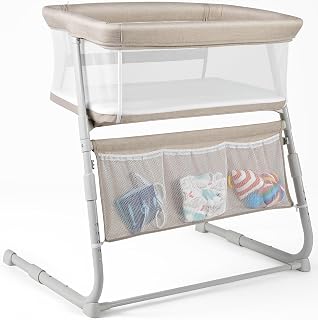 Cowiewie Bedside Bassinet Sleeper: 5-Position Height Adjustable (37.4-41.3"), Breathable Mesh, Space-Saving Tall Crib for Newborns, Beige