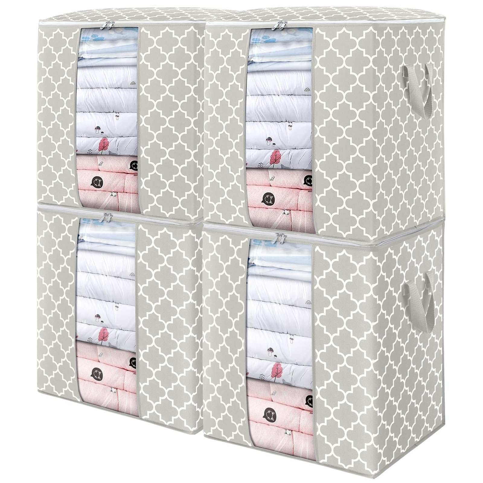 WISELIFE Storage Bags 4 Pack/100L Large Blanket Clothes Organization and Storage Containers for Comforters,Bedding, Foldable Organizer with Reinforced Handle, Clear Window, Sturdy Zippers,Lvory