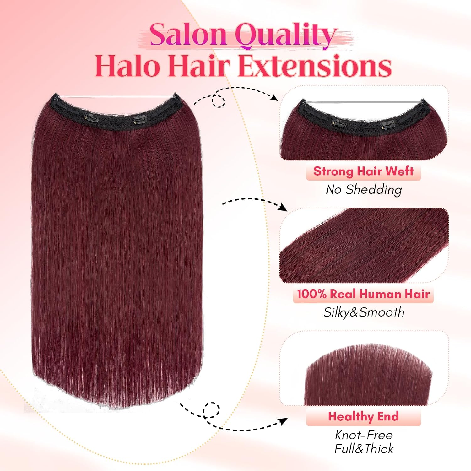 Rich Choices 100% Real Human Halo Hair Extensions for Women Remy Halo Extension Short Invisible Wire Halo Hair Extensions Clip in Hairpiece 12 Inch #99J Burgundy Red