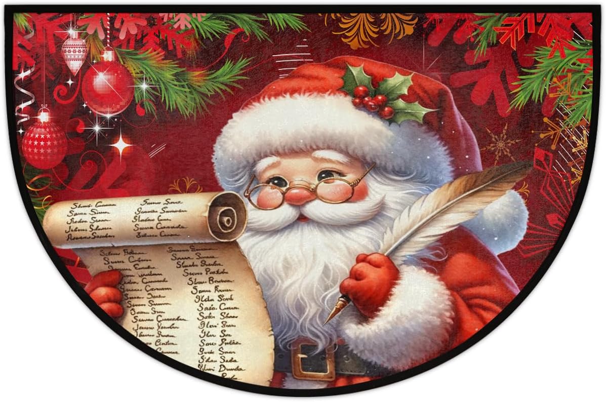 Christmas Santa Xmas Half Round Door Mat Non Slip Washable Semi Circle Area Rug Absorbent Soft Half Moon Rug Floor Mat for Indoor Outdoor Kitchen Bathroom Patio Front Door Mat Decor