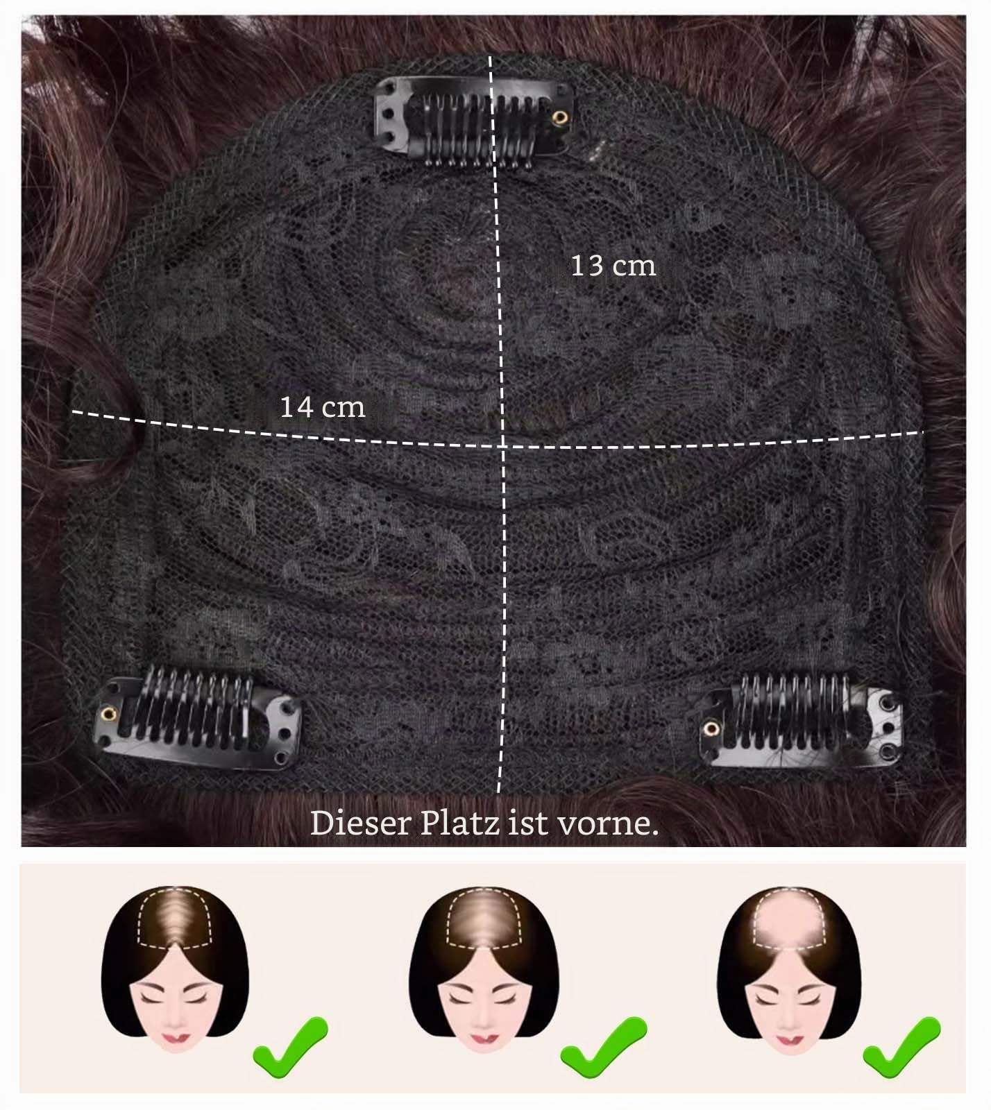 Echthaar-Topper mit Pony für Damen 13 x 14 cm, unsichtbare Rosenspitzenbasis lockiges Clip-in-Oberteil für dünner werdendes Haar kurzwellige Haarverlängerung mehr Volumen Dunkelbraun