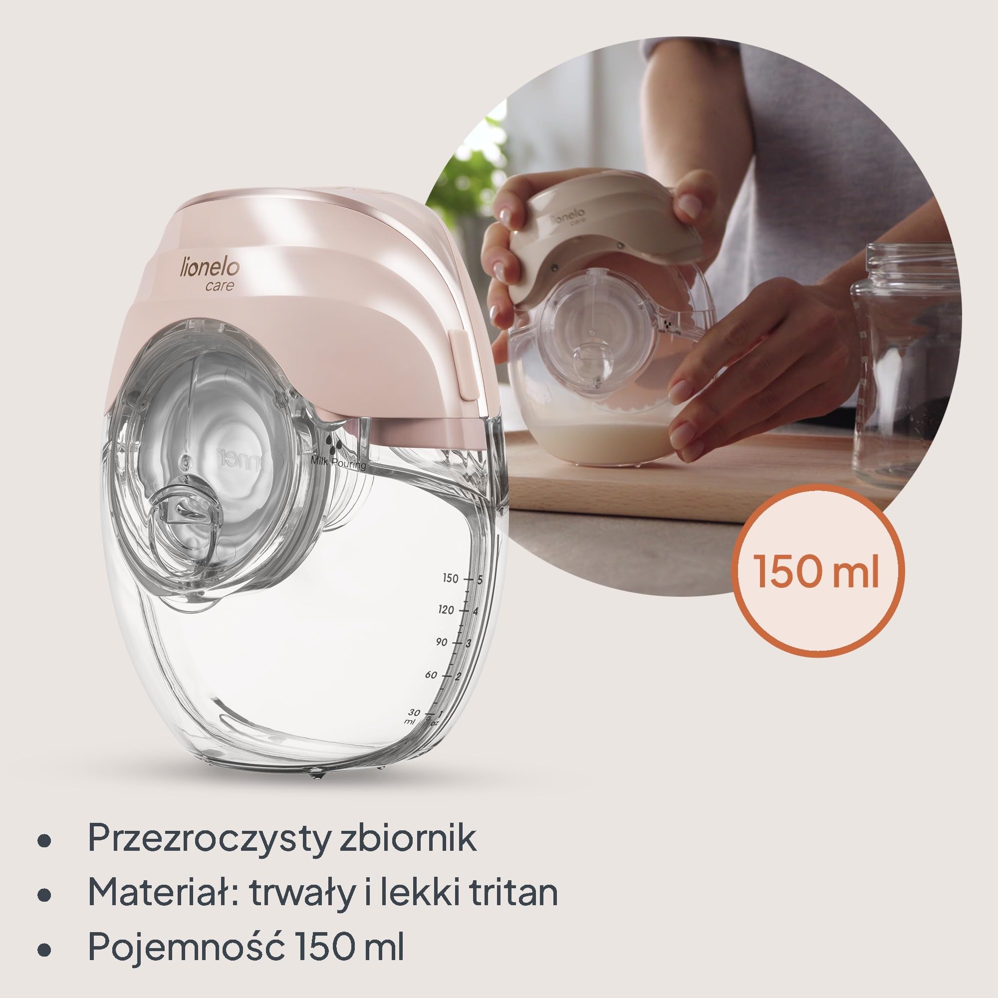 Lionelo Fidi Free Slim DUO przenośny elektryczny laktator bezprzewodowy – podwójna pompka do obu piersi, cicha praca do 40 dB, 3 fazy z 8 stopniami, próżniowa do 60 kPa, 2 x 150 ml tritan, USB-C, czas