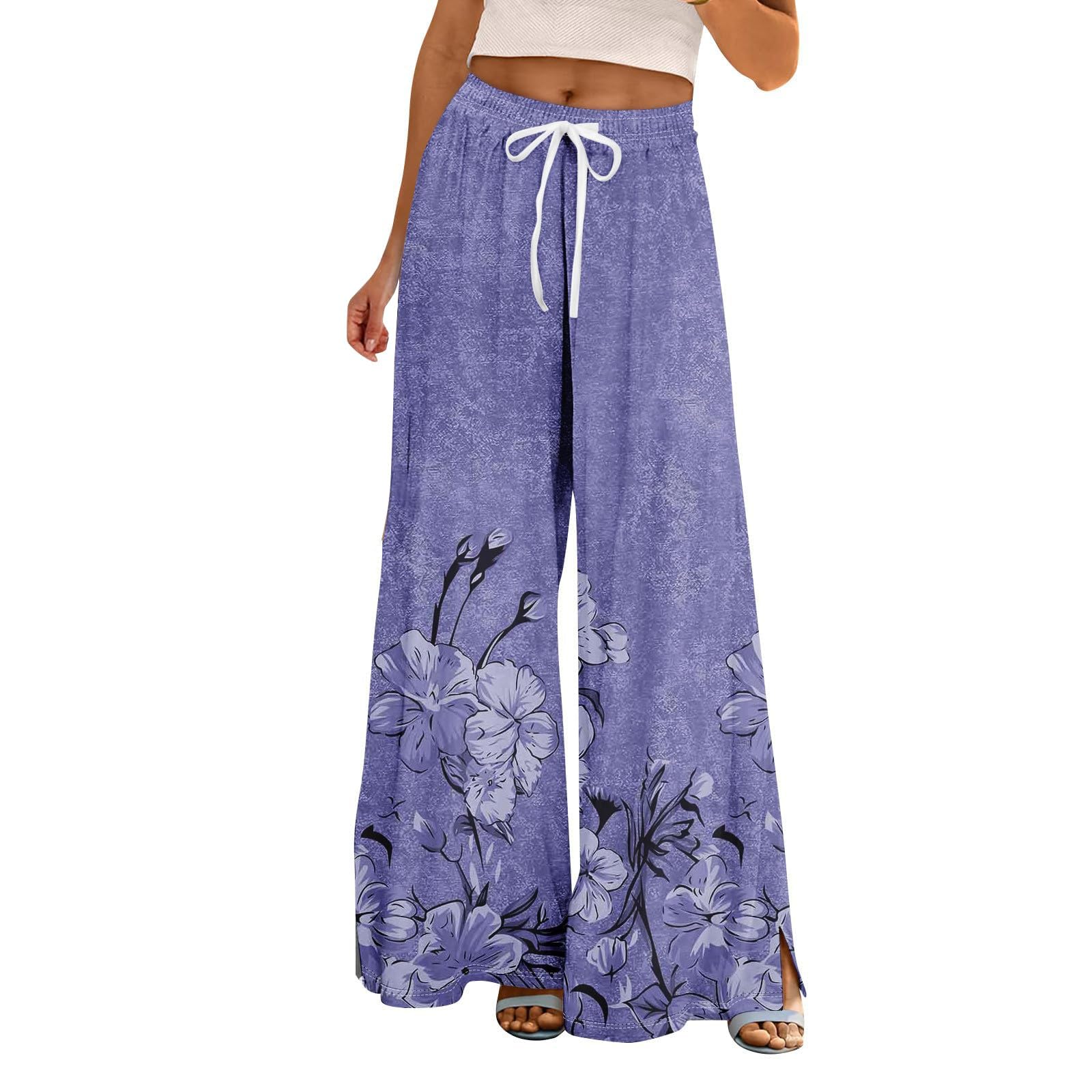 Palazzo Pants for Women with Pockets Wide Leg High Elastic Waist Boho Loose Flowy Lounge Trousers Long Dressy