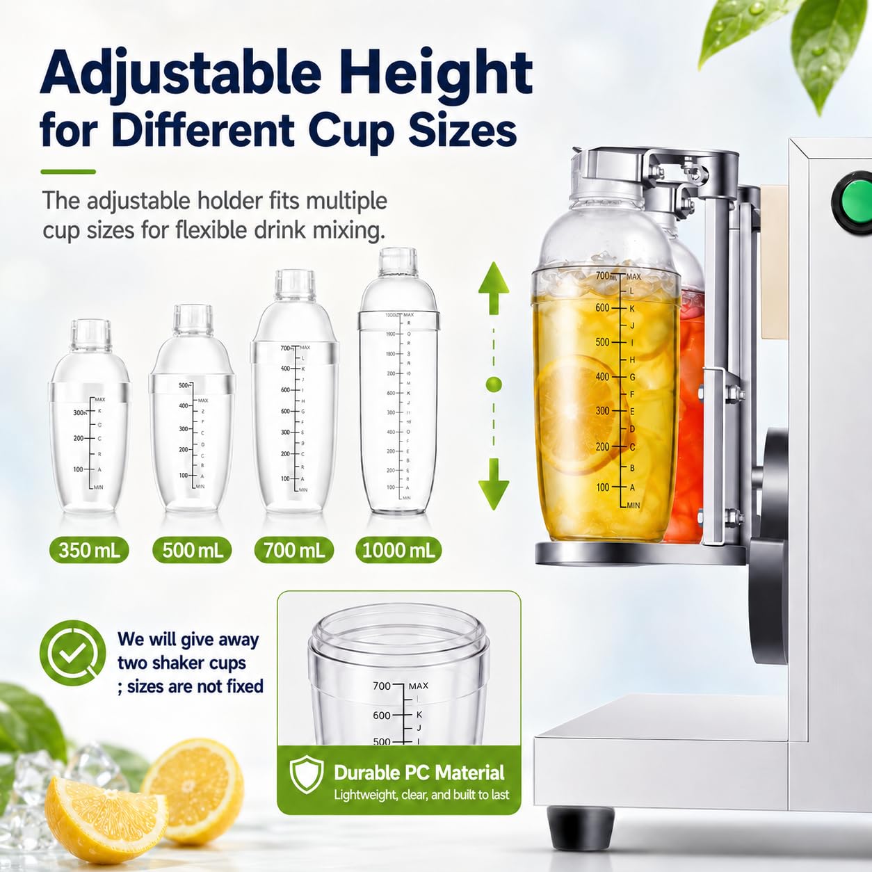 Shaker Eléctrico para Cócteles 120W, Doble Vaso, Temporizador | 340 rpm; Inox; Soportes 350–1000 ml; Inicio Rápido; Parada de Emergencia; Base Lastrada; Incluye 2 Vasos Shaker; Cóctel, Bar