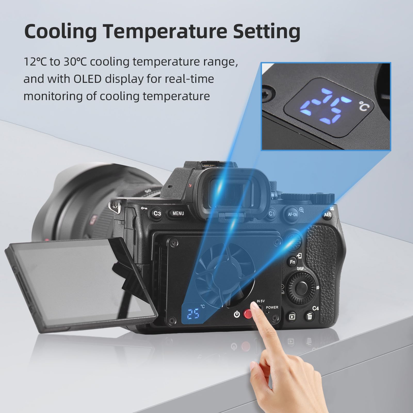 Andoer FS-04A Kamera-Lüfter, externes Kühlsystem mit Temperatureinstellung, OLED-Display, 4 Stück Montageadapterplatten für Sony A7M4/ZVE1/A6700/A7C2/A7S3, für Canon R5/R6/R7, für Fujifilm XT4-Kameras
