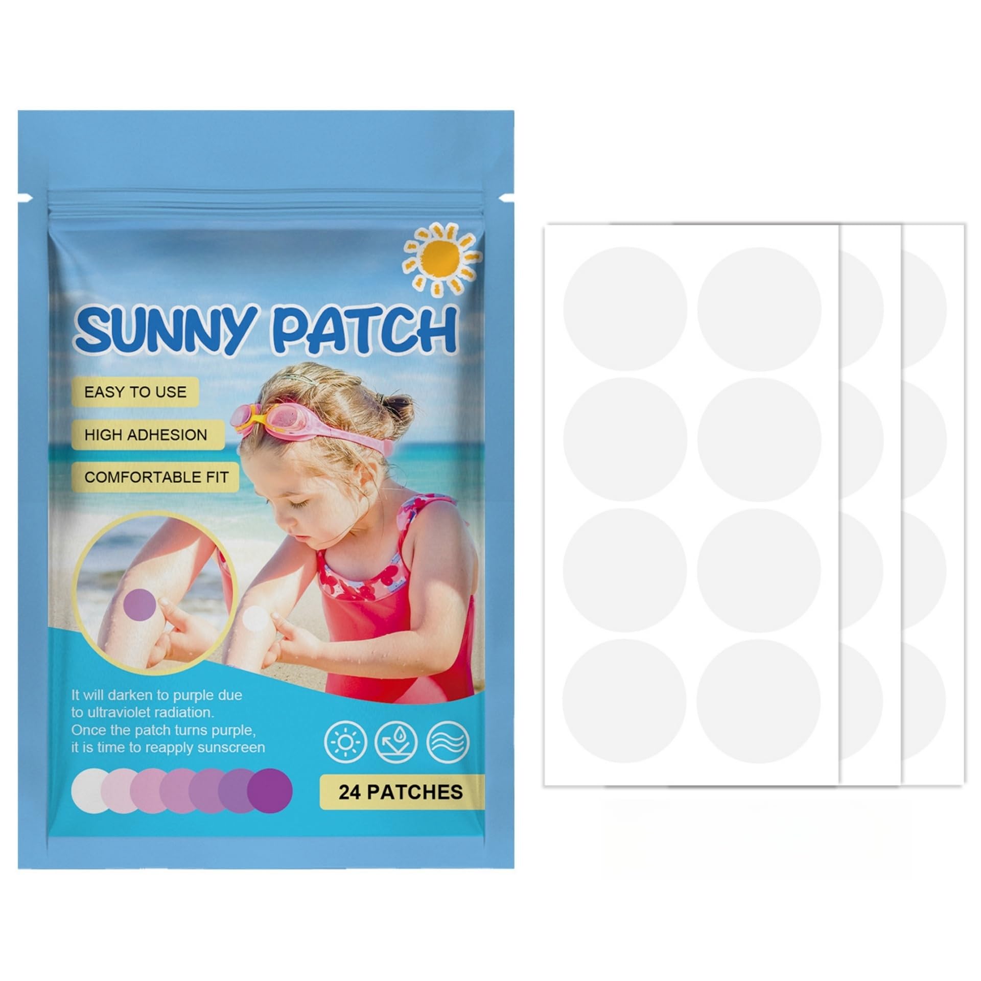JDLYEVER UV Protection Stickers for Outdoor Sunlight UV Patches Outdoor Sun Patch Skin Comfort Fit Protective Patch, Waterproof and Sweatproof, Provides a Visual Cue for UV Exposure, 24 Patches