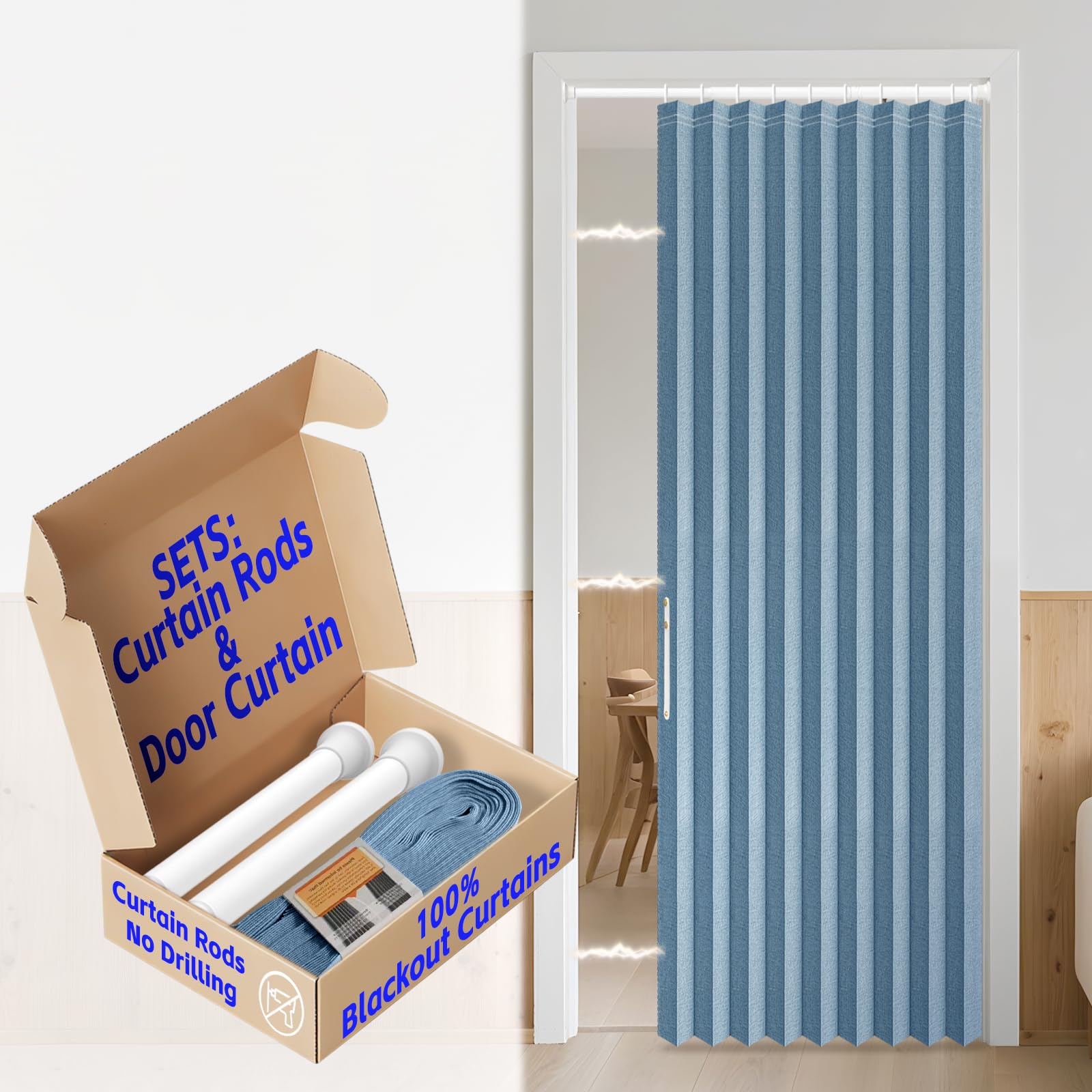 AJAZZ Blackout Closet Door Curtain with Curtain Rods Adjustable 28-39" Long Privacy Sound Proof Curtains Suitable for Bedroom Living Room Doorway Curtain Sets (1 Pack, 42 W x 78 L, Blue)