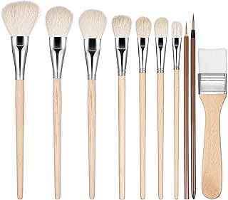 Grevosea 10 Pcs Pottery Glazing Brushes, Goat Hair Mop Brush for Acrylic Painting Blending Brush Set Paint Brushes for Canvas Acrylic Watercolor Oil Painting Pottery Tools