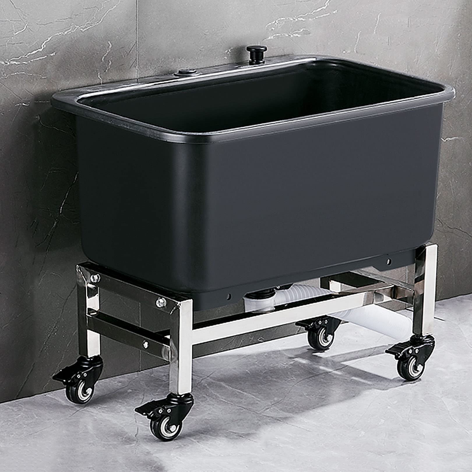 ASerZenith Movable Floor Mop Sink With Rollers, Balcony Bathroom Mop Service Basin Heavy Duty Slop Sinks, Multipurpose Sink For Garage Or Shop,Black-60Cm