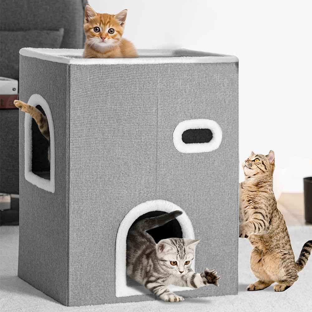 BAKAJI Vertical Cat Kennel with Entrance, Grey House for Pets, Scratching Post in Warm and Padded Polyester, Scratching House with Non-Slip Base, 48 x 37.5 x 63 cm