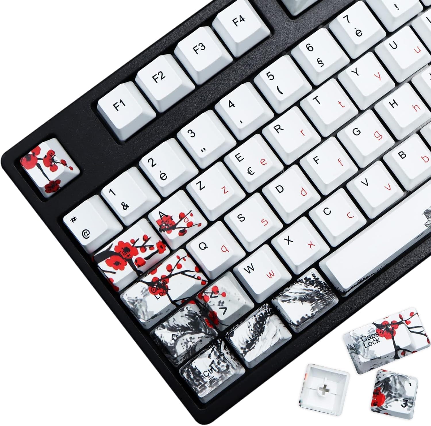 MOLGRIA Keycaps 111 Set for 62 105 109 Mechanical Keyboard, Custom PBT OEM Profile Key Caps for French with Keycap Puller for Kailh Cherry MX Switch ISO Layout Keyboard(Plum Blossom)