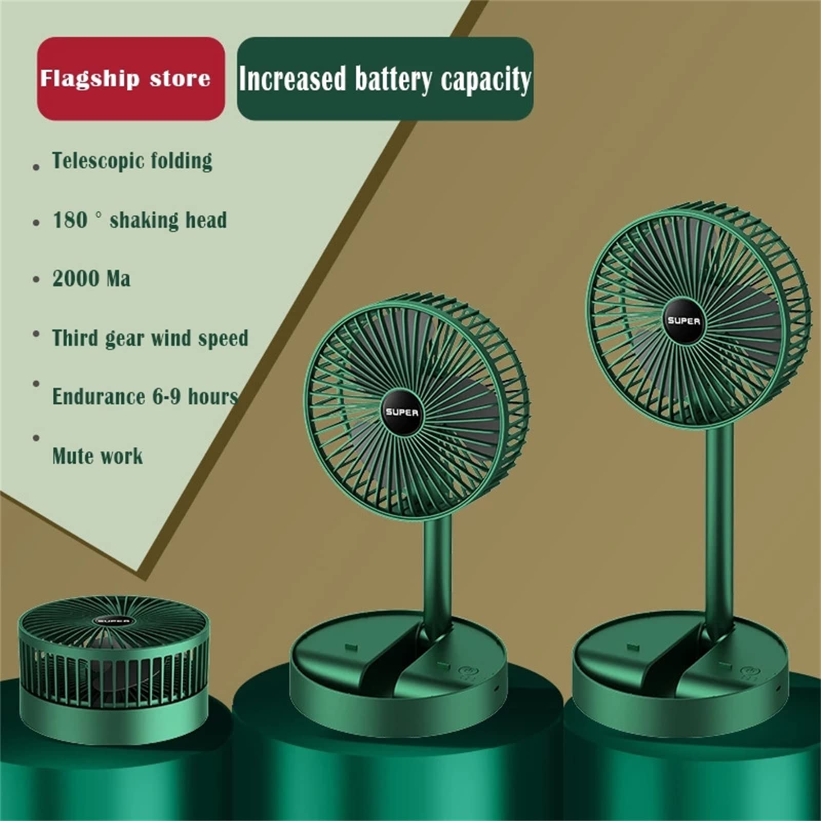 Condizionatore d'Aria Portatile da Tavolo USB Ricaricabile Pieghevole Telesstand Ventilatore da Pavimento per la casa all'aperto a Basso Rumore Estate/Verde The New