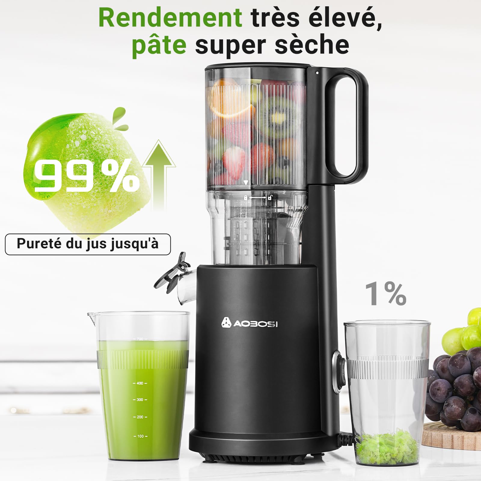 AOBOSI Extracteur de Jus à Froid 200W, Grande Ouverture 135 mm, Centrifugeuse Silencieuse avec Vis Sans Fin 8 Étages, Triple Filtration