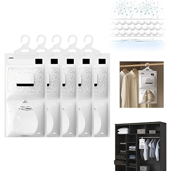 Wardrobe Moisture Absorber 5 Pack x 100 g Hanging Dehumidifier Granules Get rid of Moisture Anti-Mould Dehumidifier Moistureproof Desiccant Bag for Kitchen/Bathroom/Cabinet/Car