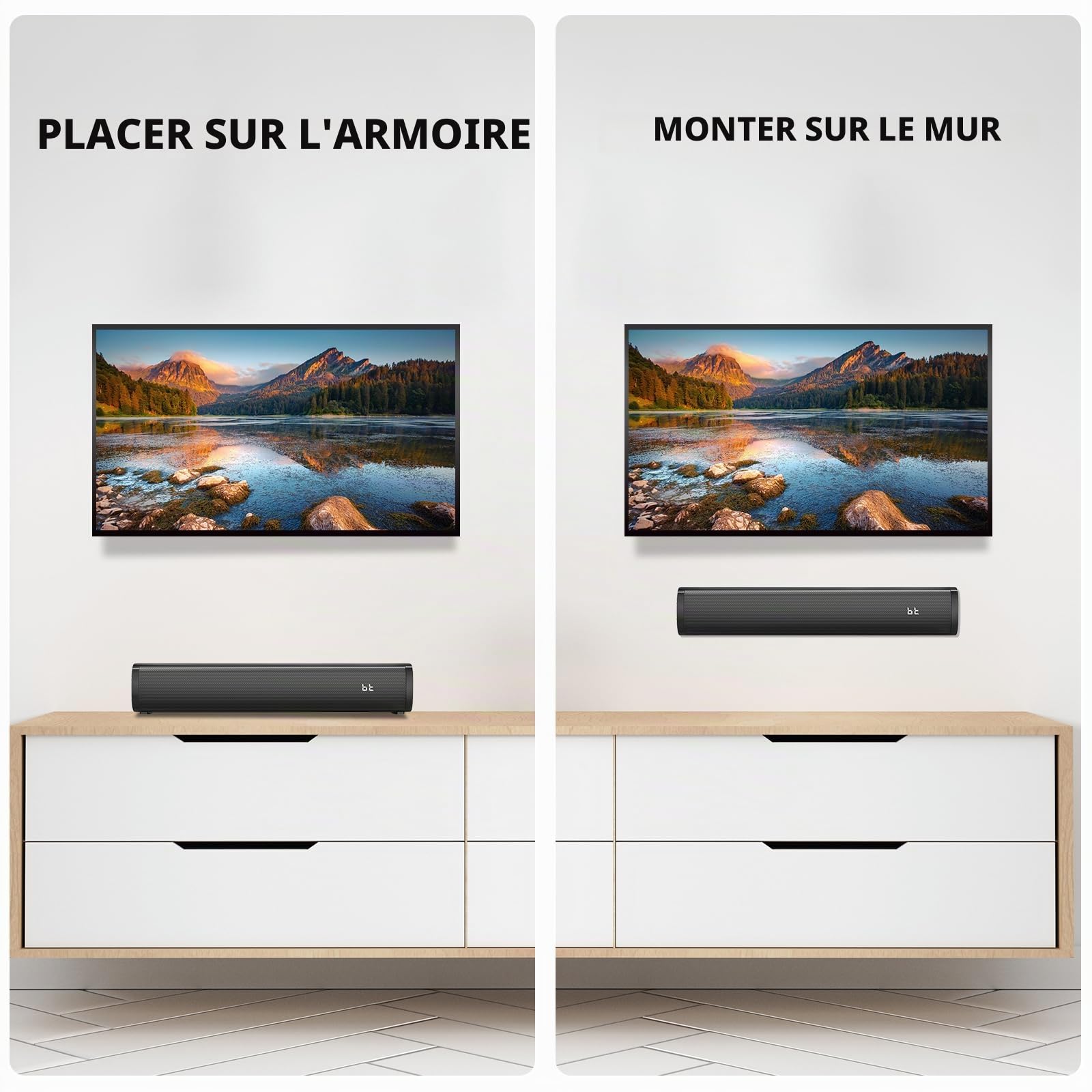 Petites barres de son 2.1 canaux pour TV avec 6 niveaux d'amélioration de la voix, caisson de basses intégré, haut-parleurs de barre de son BT de 16 pouces avec connexion optique/AUX/USB, S100