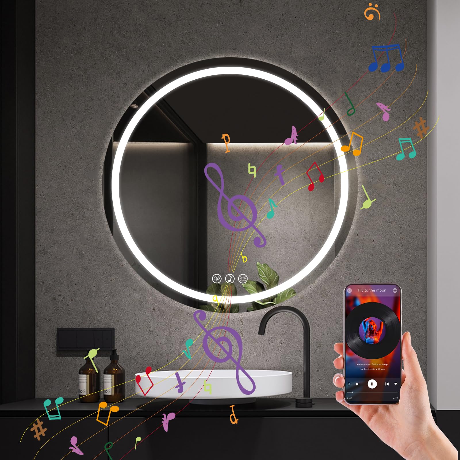 Simusi 700MM Bluetooth Round LED Bathroom Mirror with LightsβIlluminated Bathroom Vanity Mirror with LED Lights, Anti-Fog Wall-Mounted Light up for Makeup, 3-Color Dimmable, IP44, Tempered Glass