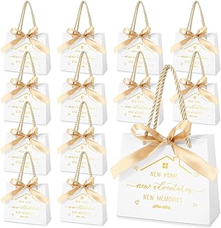 Spakon 25 Pcs Small Housewarming Gift Bags New Home Wrapping Real Estate Agent Gifts Bags with Golden Ribbon Bow and Handles for Clients Friends New Adventure Sweet Present Supplies(White)