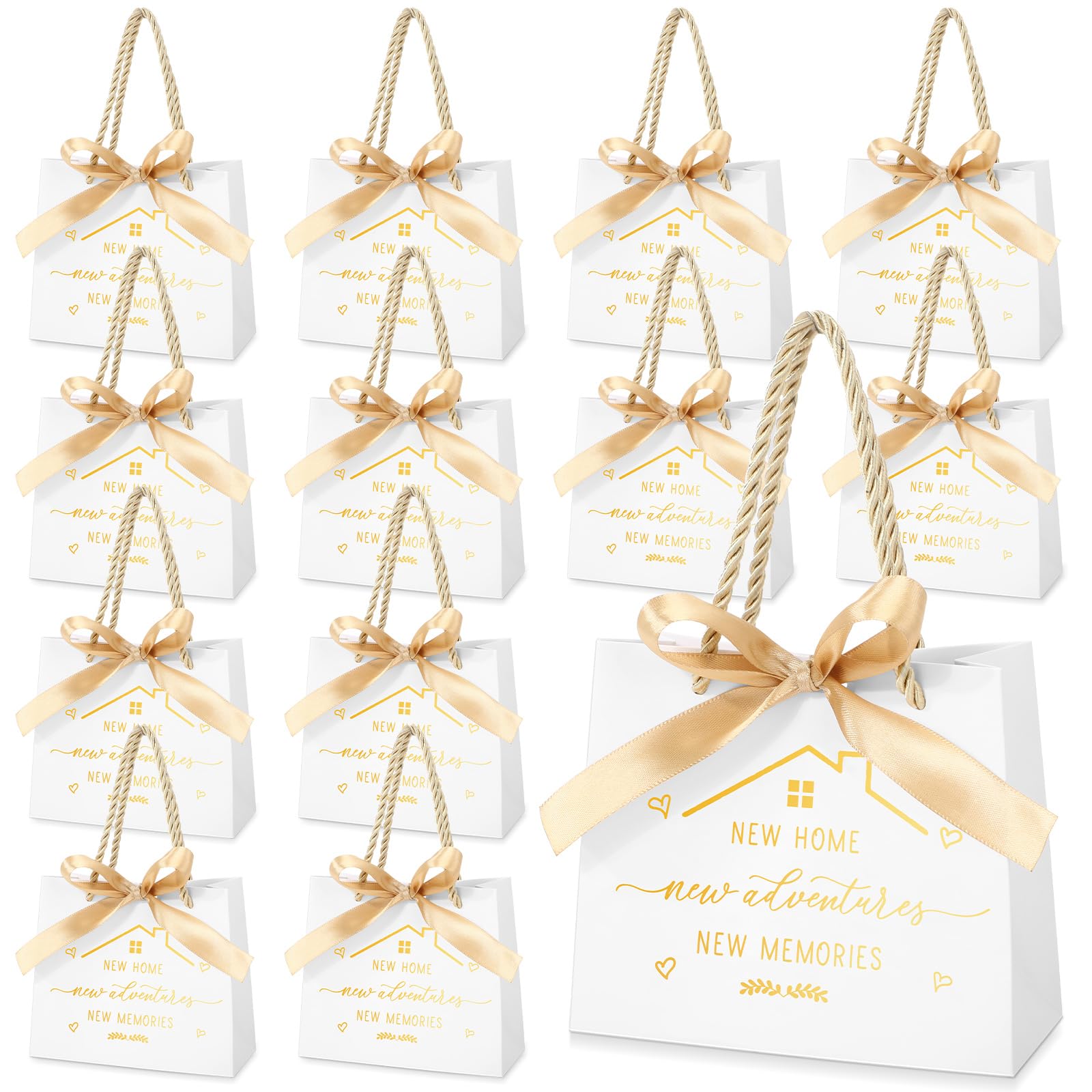 Spakon 25 Pcs House Gift Bag House Warming Gifts Closing Gifts for Home Buyers Real Estate Agent Gifts Paper Gift Bags with Golden Bow Ribbon and Handles for Real Estate Supplies Shopping
