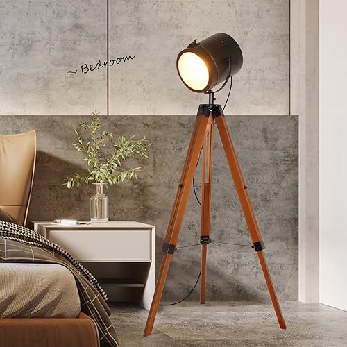 Miniatura 2 de Lámpara de pie redonda con trípode industrial, lámpara de pie alta negra contemporánea con pata de madera, foco retro vintage estilo granja E26,