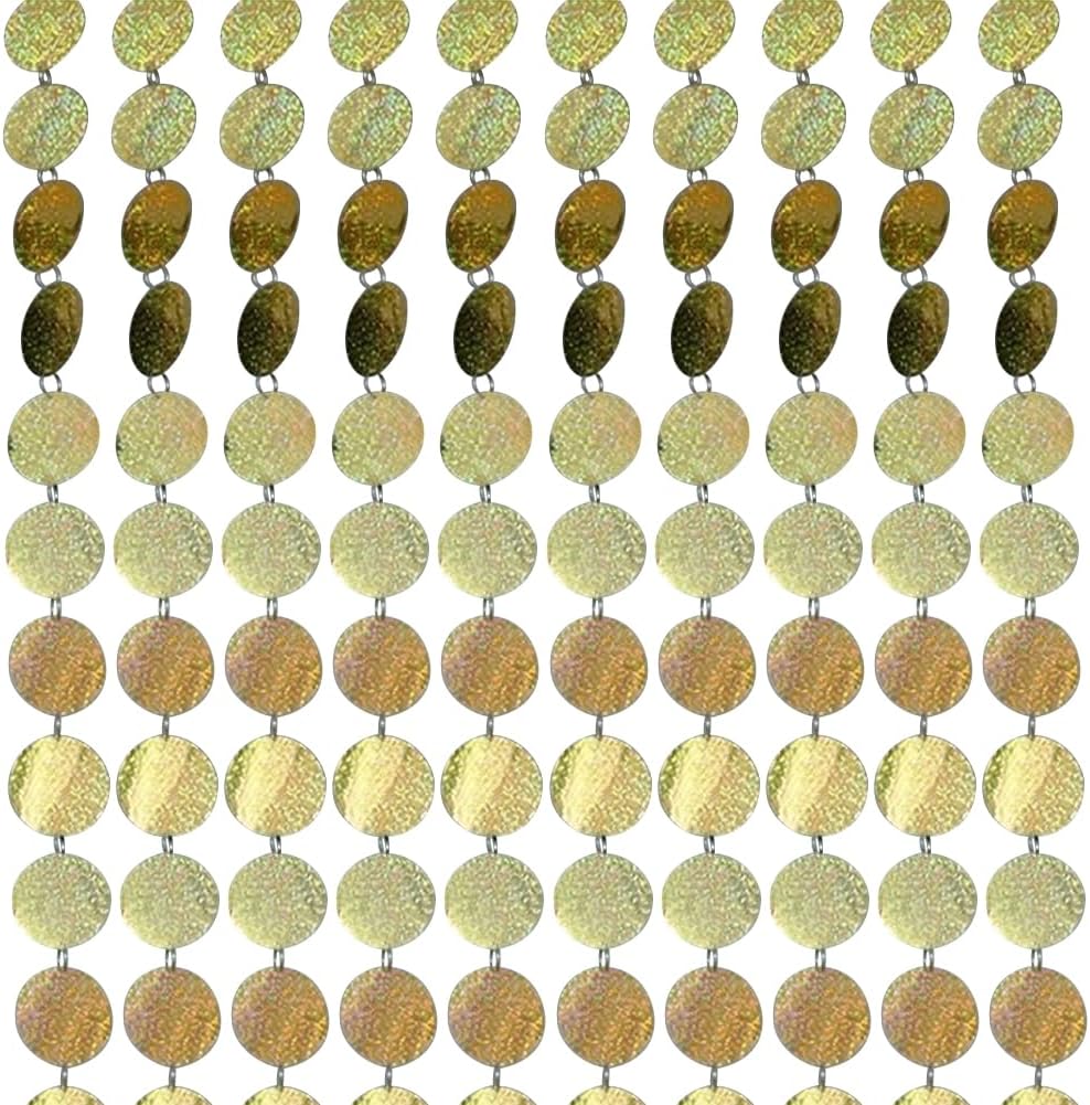 Queenbox 39in 10PCS Iridescent Sequin Beaded Curtain, PVC Circle Dot Hanging Garland Streamer for Party Backdrop, Room Divider, Window, Festival, Laser Gold