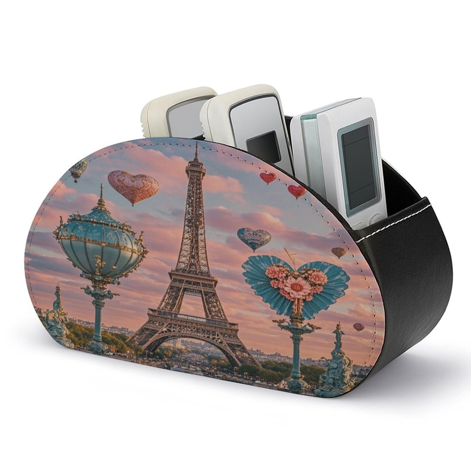 VstaDank Romantic Paris Eiffel Tower Remote Control Holder Farmhouse TV Media Remote Storage Box with 5 Compartments PU Leather Remote Caddy Desktop Organizer for Home Bedside Table Organizer