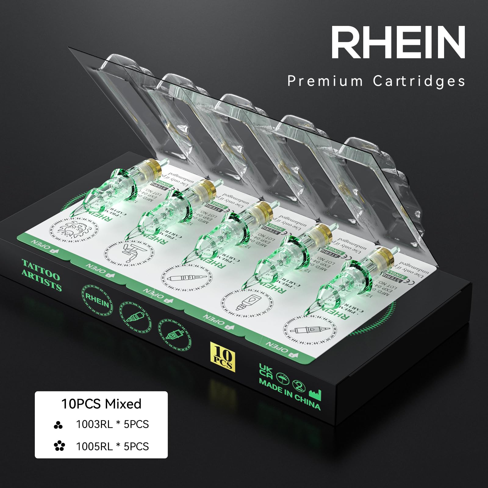 RHEIN Tattoo Maschine Set mit Power Supply 10PCS Cartridges 7 Colours Ink Tattoo Kabel Pen Machine Komplettes Zubehör RN-TKP6B-1-EU