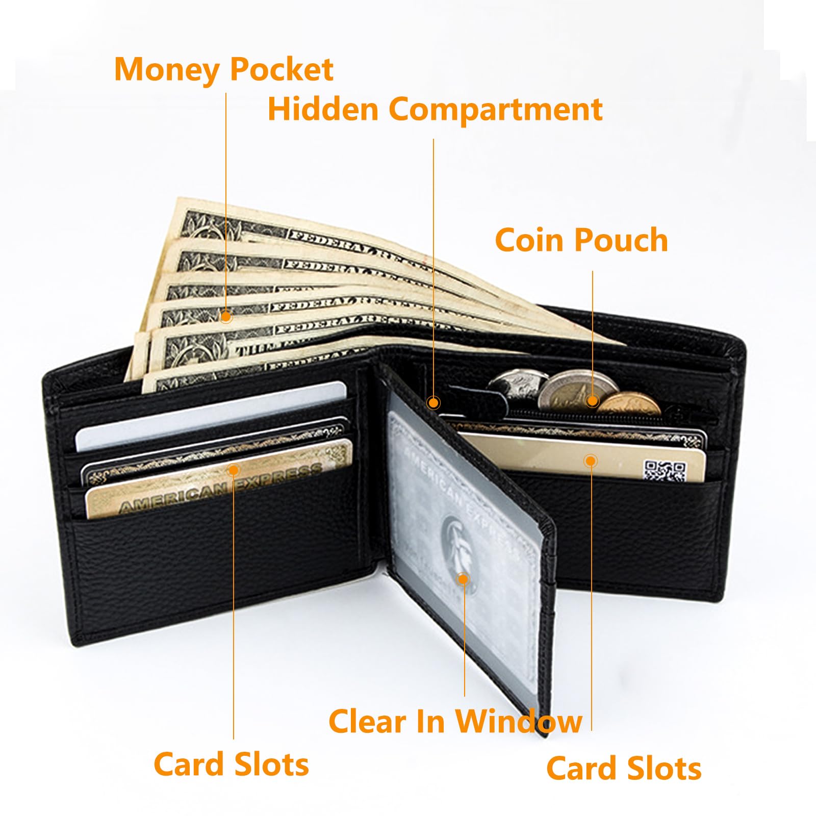 KEVIAN Portafoglio da uomo Muti-Functional RFID Blocking Leather Slim Wallet Portafoglio con 8 titolari di carte di credito, 2 scomparti per banconote, 1 portamonete e 1 finestra ID con confezione