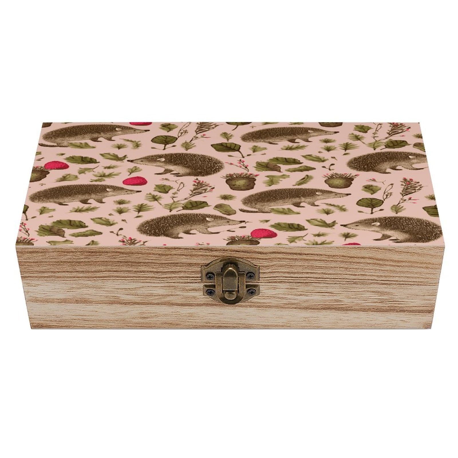 Btcowzrv Style Hedgehog Print Wooden Storage Box, Keepsake Box With Hinged And Retro Lock, Wood Jewelry Organizer For Photos & Mementos And Home Decor