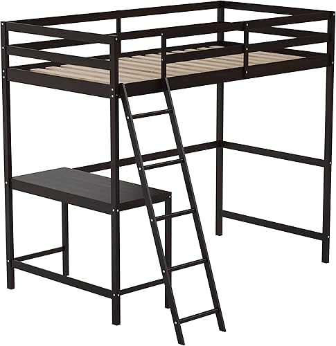 Miniatura 3 de BizChair Base de cama tipo loft con escritorio, marco de cama de madera de tamaño individual con barandillas protectoras y escalera para niños,