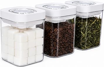 Stackable Tea Coffee Sugar Canisters Set of 3, 1100ML Airtight Food Storage Jars with Pop Up Lid for Tea Coffee Sugar, Clear Dry Food Storage Canisters Organiser with Wide Mouth for Kitchen