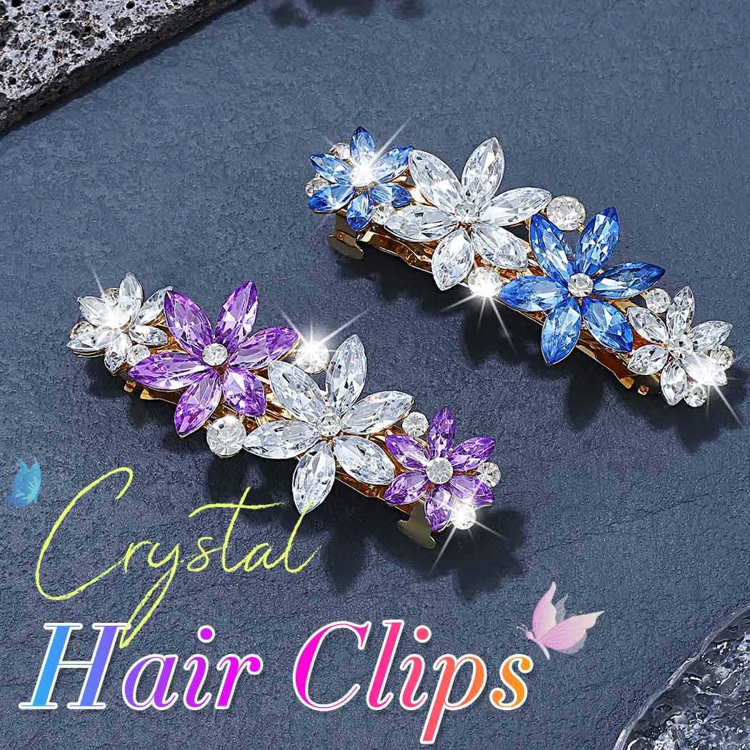 HEREAD Flower Hair Clips Rhinestone Hair Barrettes Gold Hair Accessories for Women and Girls (Pack of 2)（Blue and Purple）